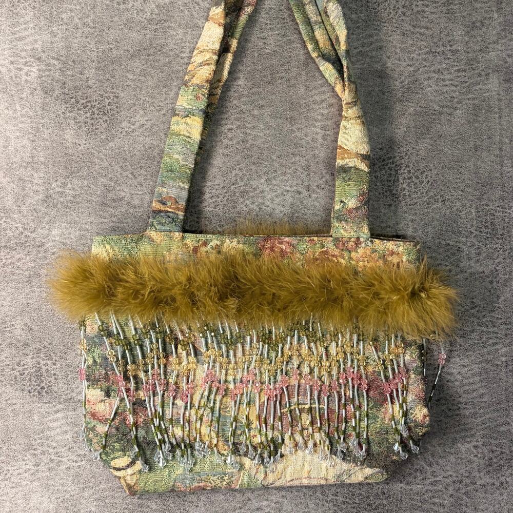 Vintage Artifacts Tapestry Fringe and Fur Shoulder Bag